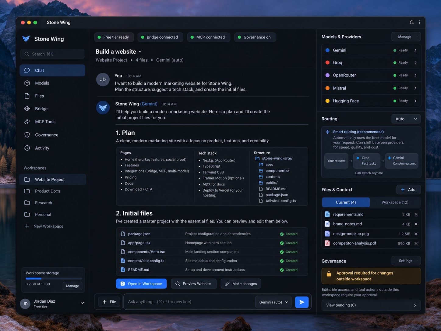 Stone Wing concept on macOS showing multiple models, files, routing, Bridge, MCP and governance
