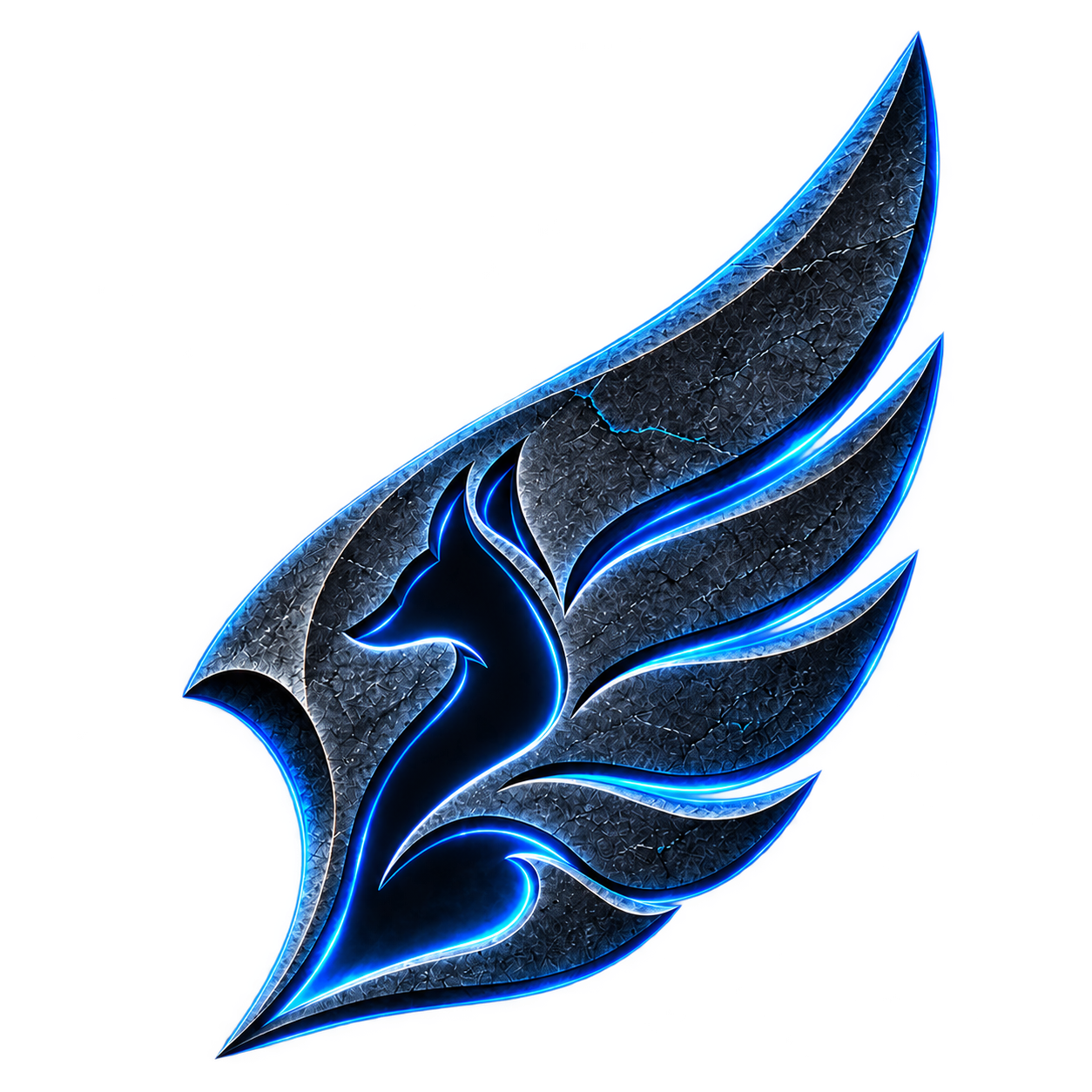 Stone Wing fox-and-wing emblem with obsidian stone and blue edges