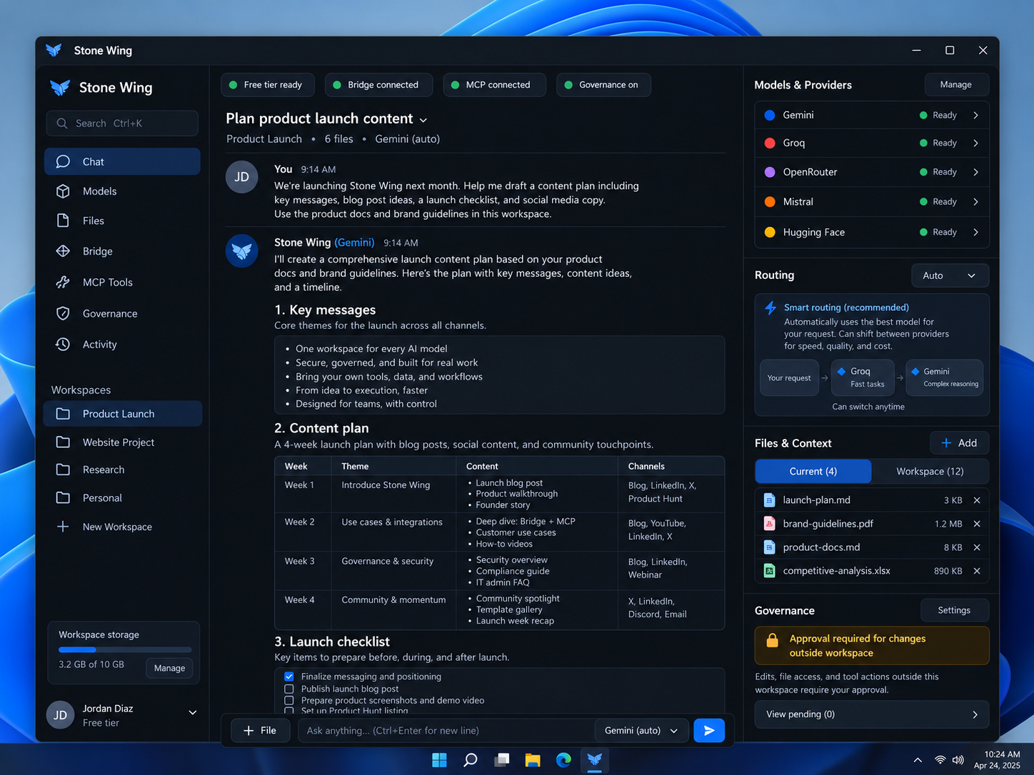 Stone Wing concept on Windows showing multiple models, files, routing, Bridge, MCP and governance